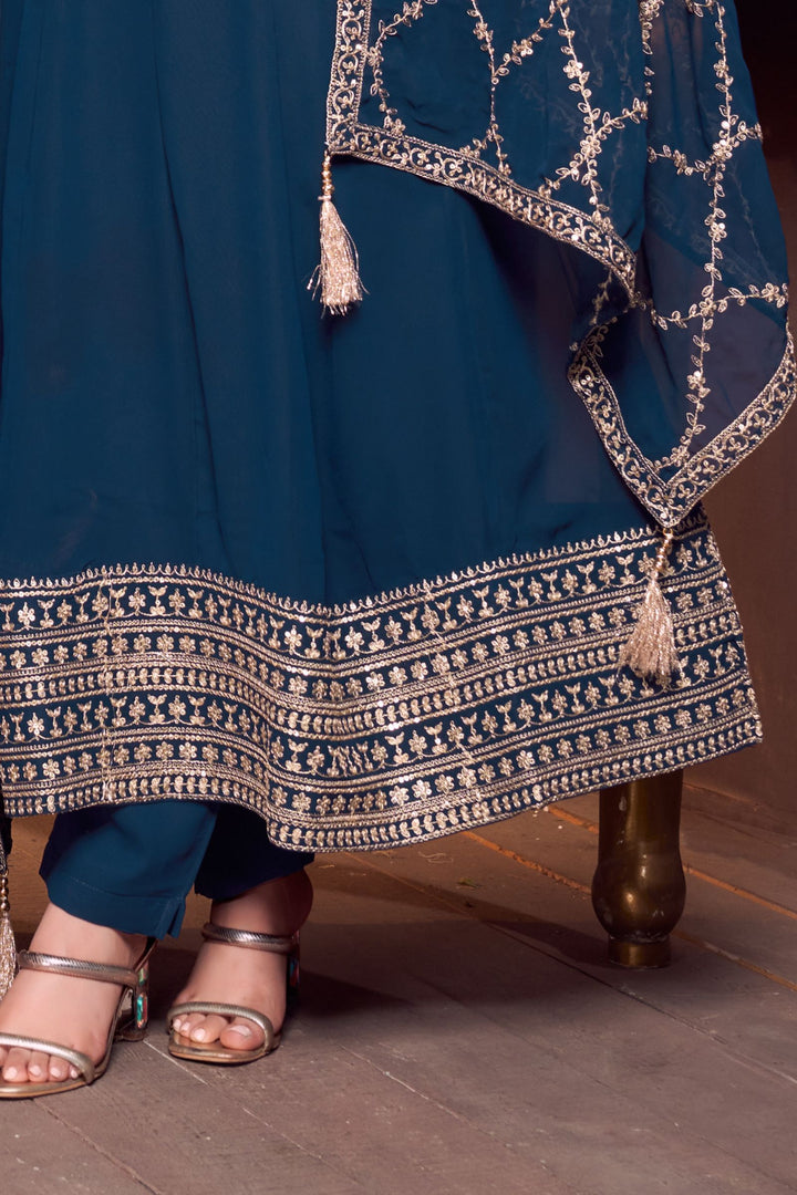 Peacock Blue Stone, Sequins, Zardozi and Beads work Aline Cut Salwar Suit