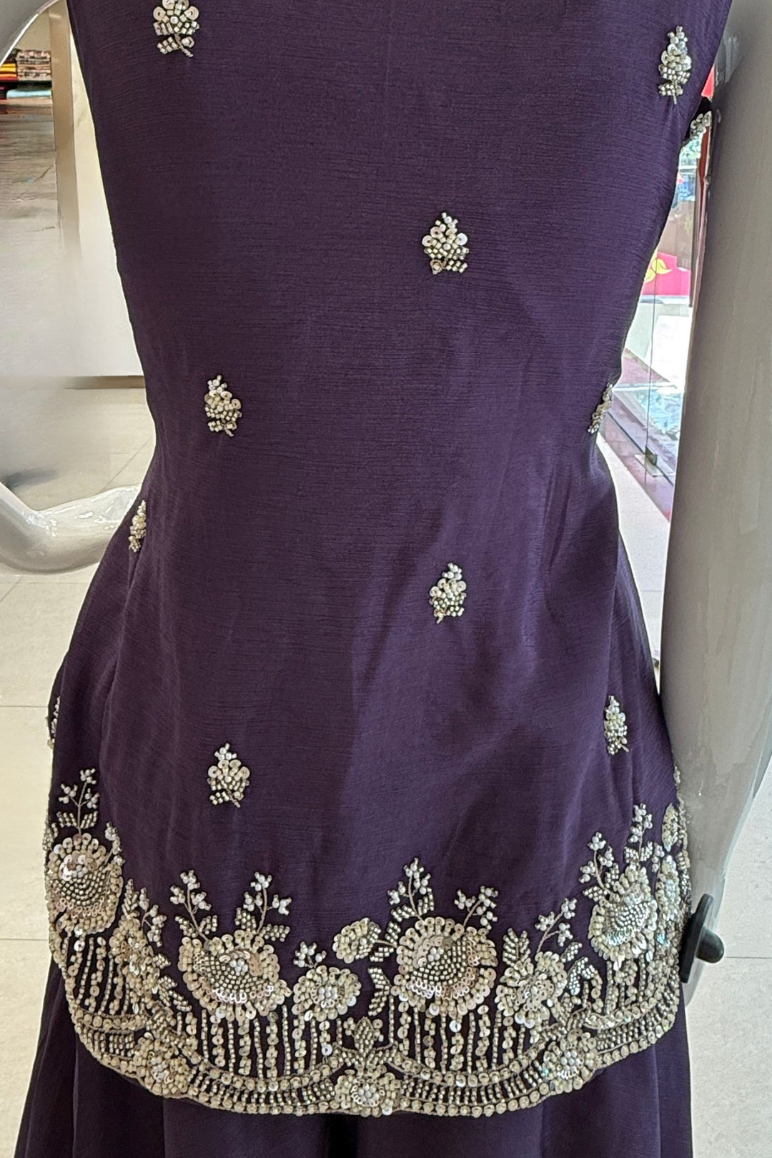 Purple Beads, Zari and Sequins work Palazzo Salwar Suit