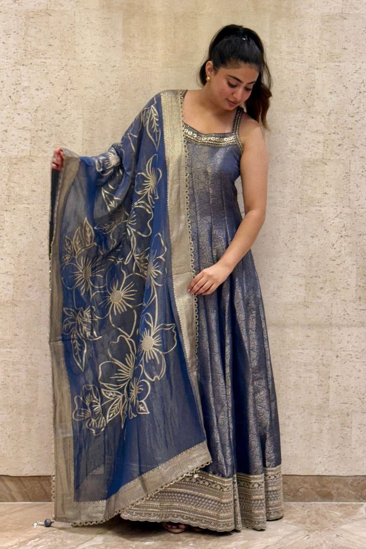 Blue Brocade, Stone, Zardozi, Mirror, Beads and Zari work Floor Length Anarkali Suit