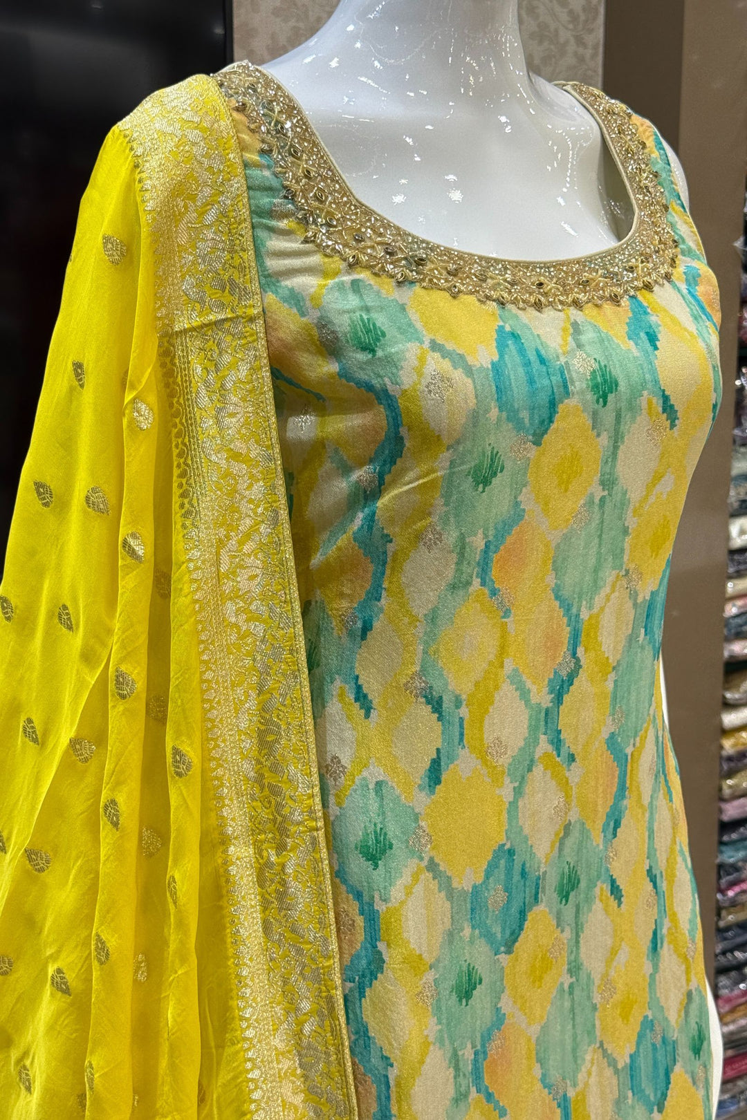 Multicolor Digital Print, Beads, Stone, Zari and Banaras work Straight Cut Salwar Suit