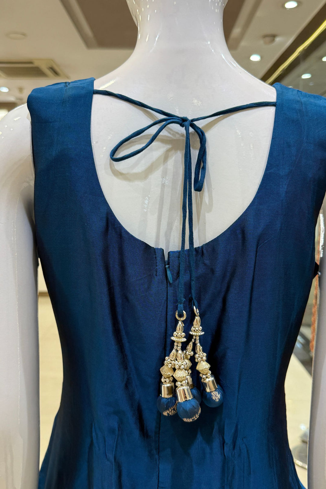 Teal Blue Zardozi, Sequins, Mirror, Stone, Brocade and Banaras work Straight Cut Salwar Suit