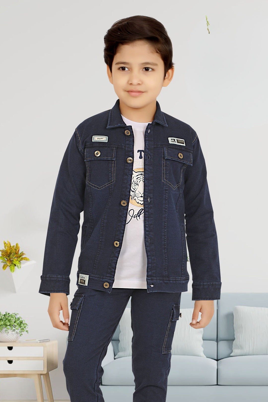 Indigo Blue with White Printed Blazer, T-Shirt and Pant Set for Boys