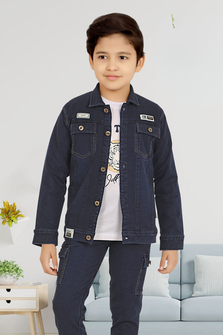 Indigo Blue with White Printed Blazer, T-Shirt and Pant Set for Boys