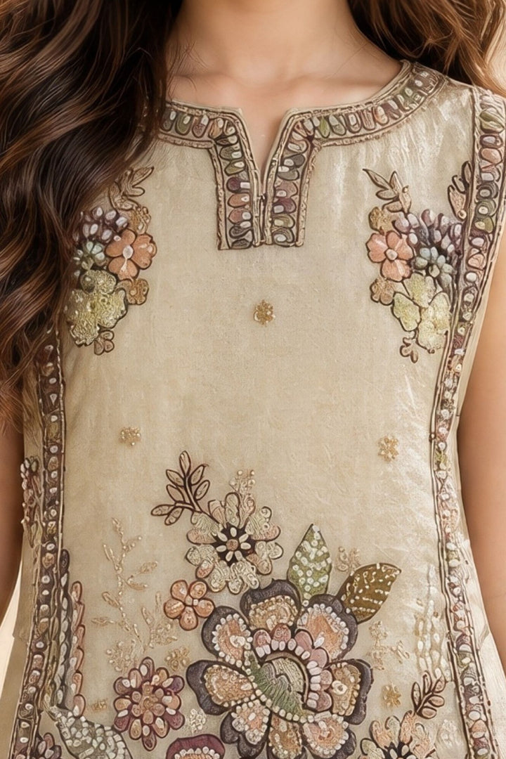 Beige Embroidery, Sequins and Beads work Palazzo Set for Girls