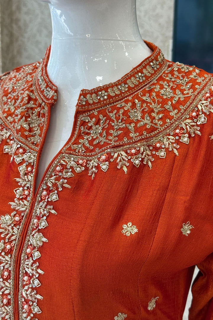 Orange Zari, Zardozi, Sequins and Stone work A-line Cut Salwar Suit