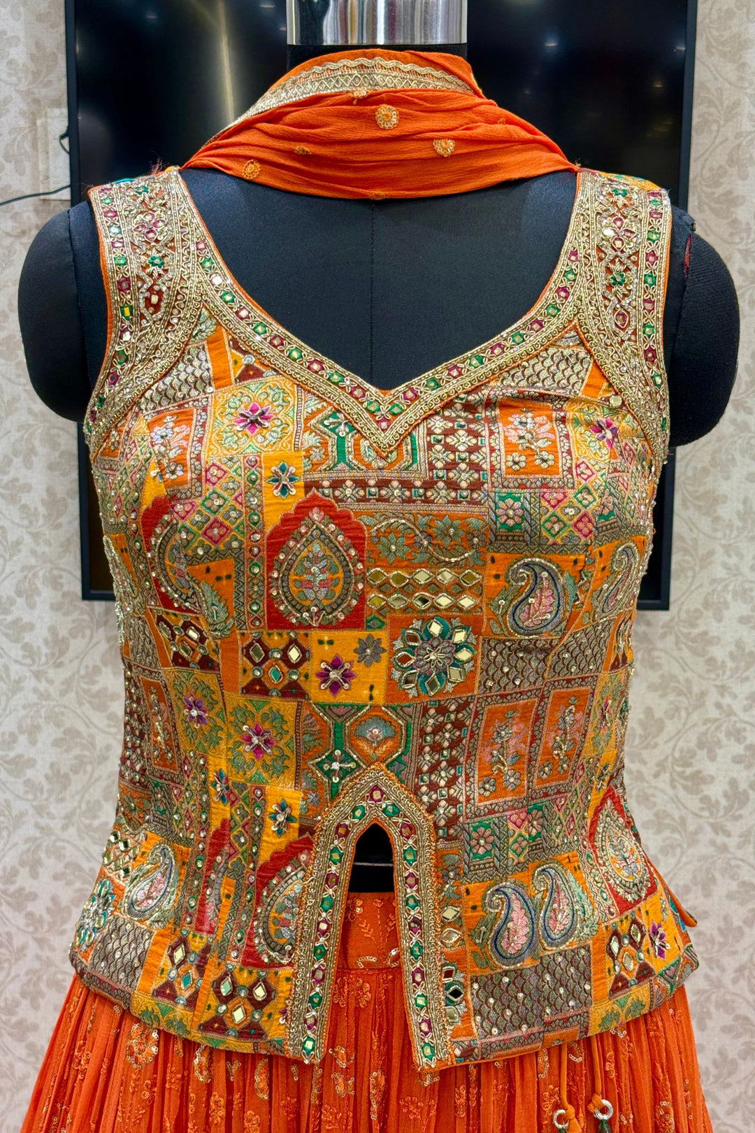 Orange Zardozi, Beads, Mirror, Stone, Zari and Beads work Peplum Style Lehenga