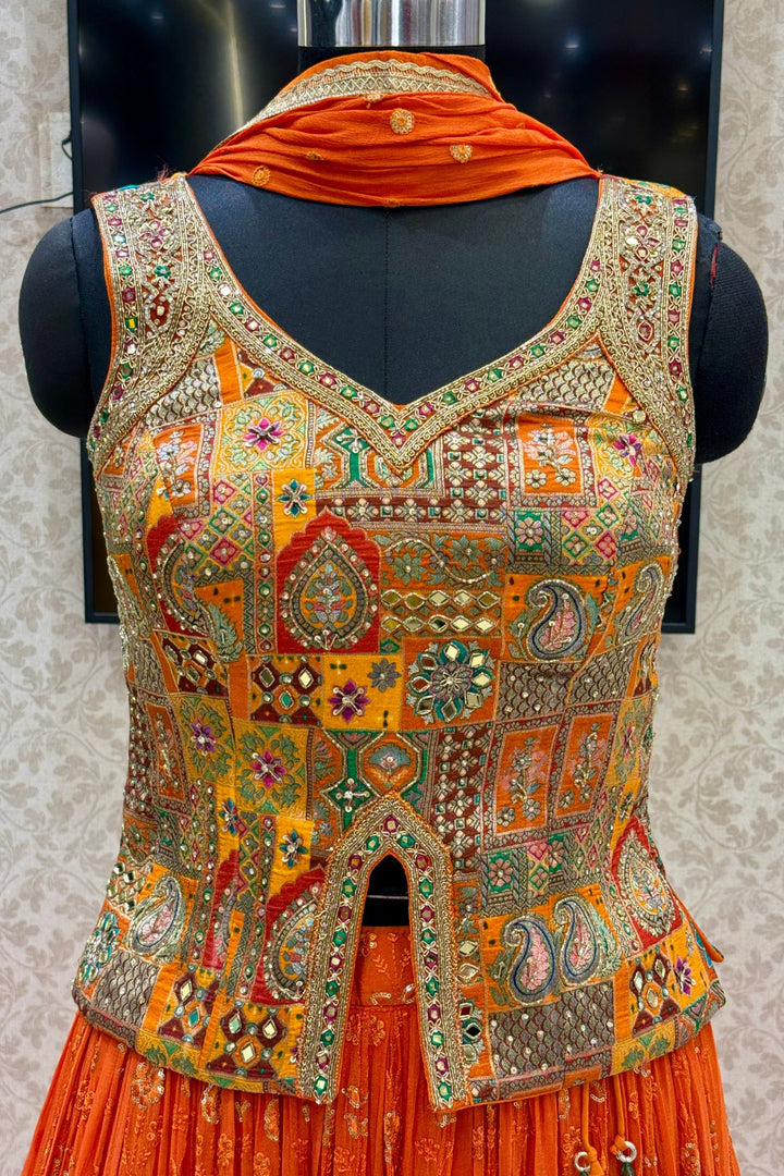 Orange Zardozi, Beads, Mirror, Stone, Zari and Beads work Peplum Style Lehenga