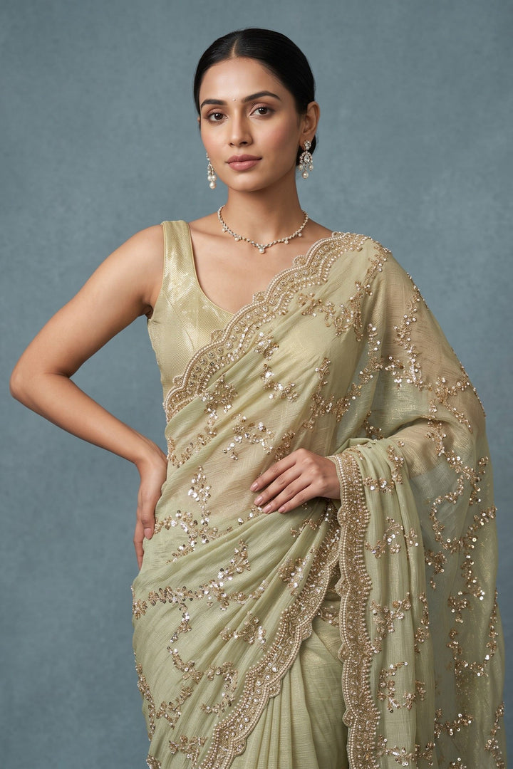 Pista Green Saree Featuring Sequins, Pearl, Beads and Zari work