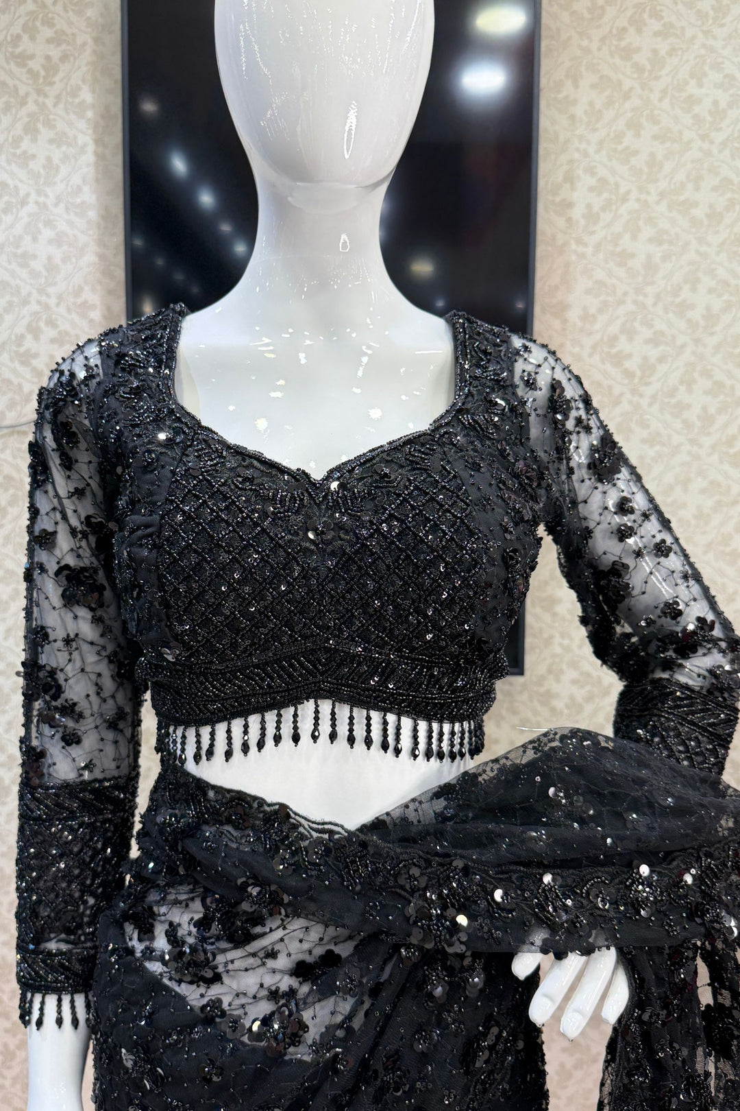 Black Beads and Sequins work Saree with Designer Blouse