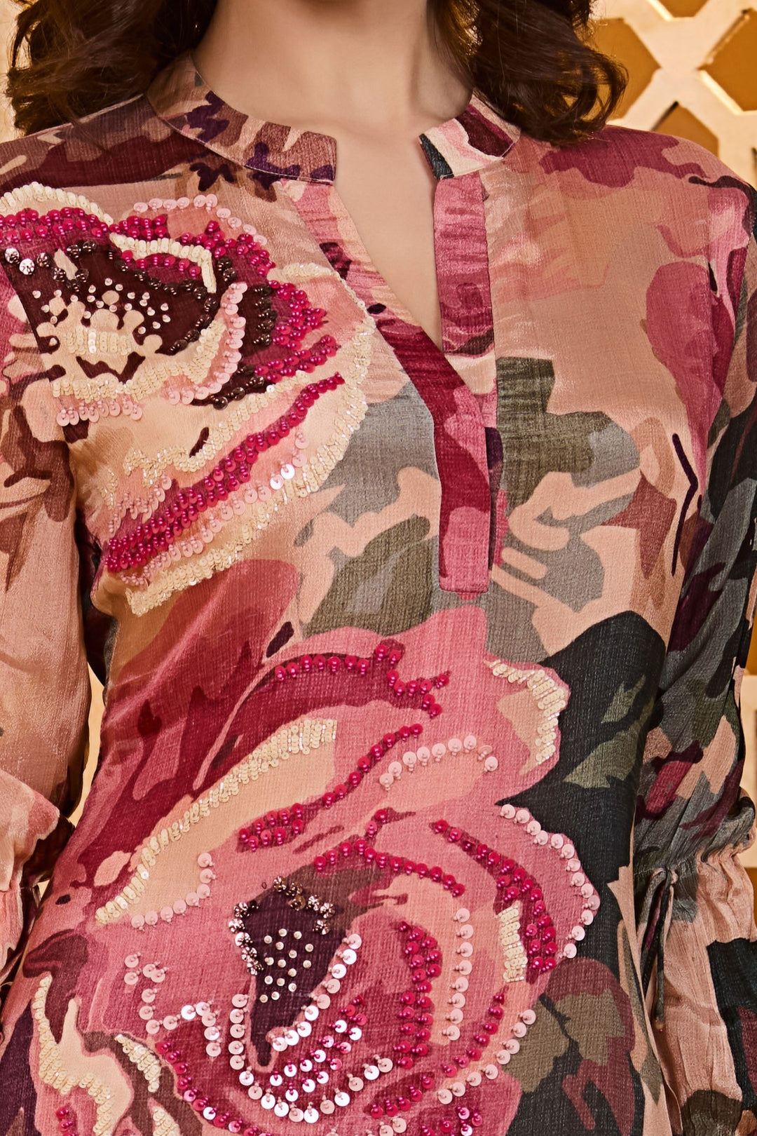 Peach Sequins and Beads work with Digital Print Anarkali Styled Long Kurti
