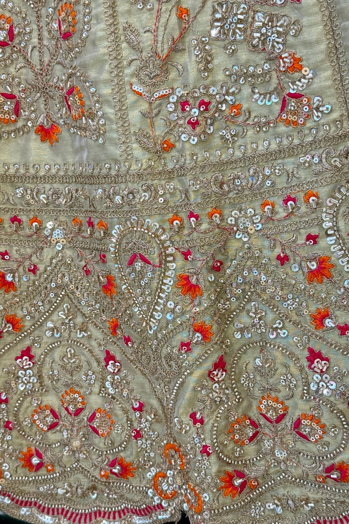 Light Grey Zari, Beads, Sequins and Multicolor Embroidery work Crop Top Designer Bridal Lehenga