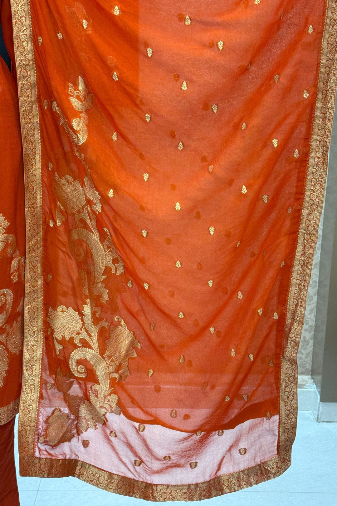 Orange Banaras, Stone, Zardozi, SEquins, Beads and Zari work Straight Cut Salwar Suit