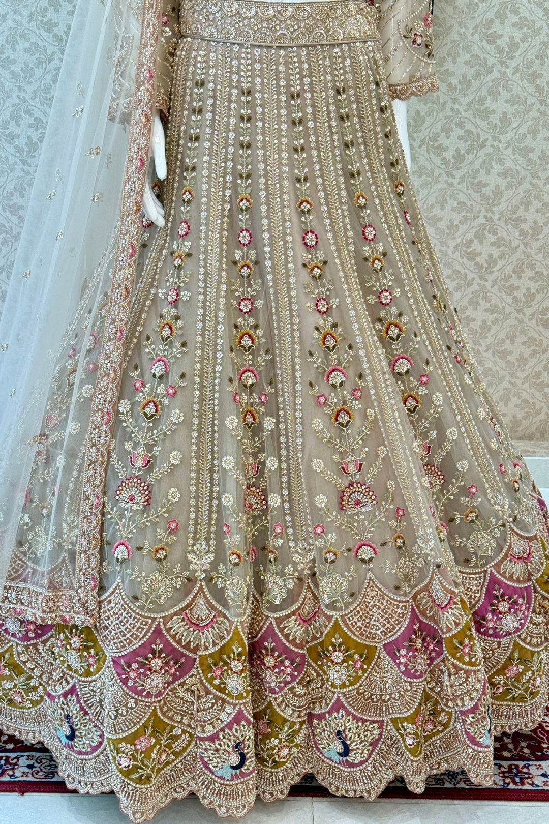 Chiku Beads, Sequins and Embroidery work Crop Top Designer Bridal Lehenga