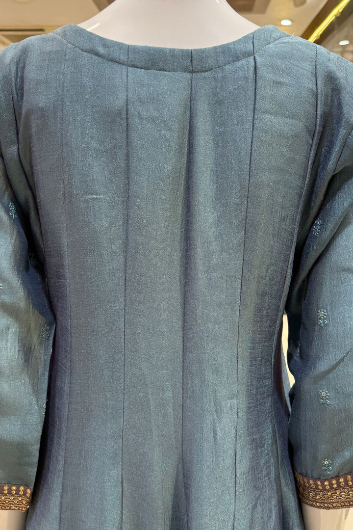 Greenish Blue Beads, Zardozi, Thread, Sequins, Stone and Zari work A-line Cut Salwar Suit