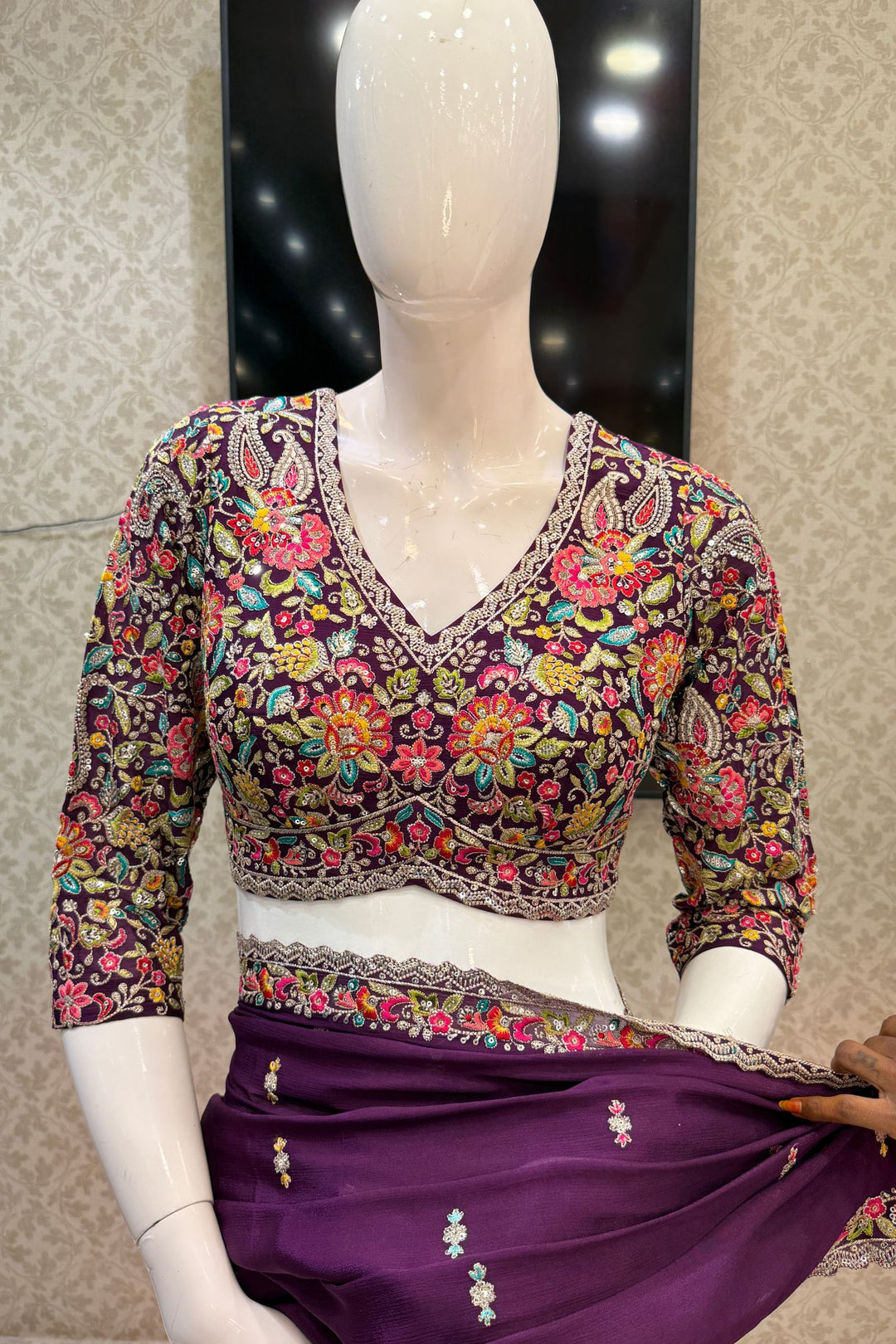 Purple Embroidery, Sequins and Zari work Saree