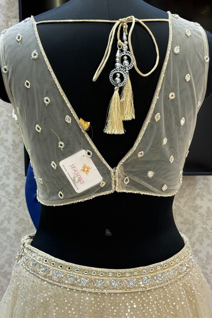 Beige Mirror, Beads, Sequins, Thread and Stone work Crop Top Lehenga