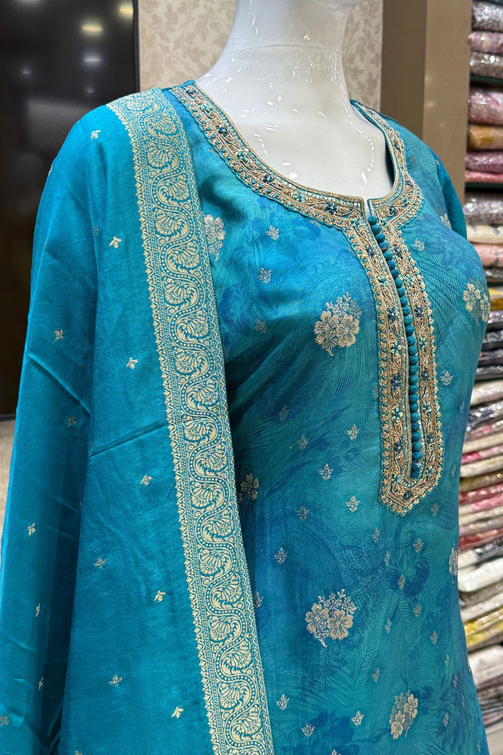Rama Blue Mirror, Zardozi, Zari and Banaras work with Digital Print Straight Cut Salwar Suit