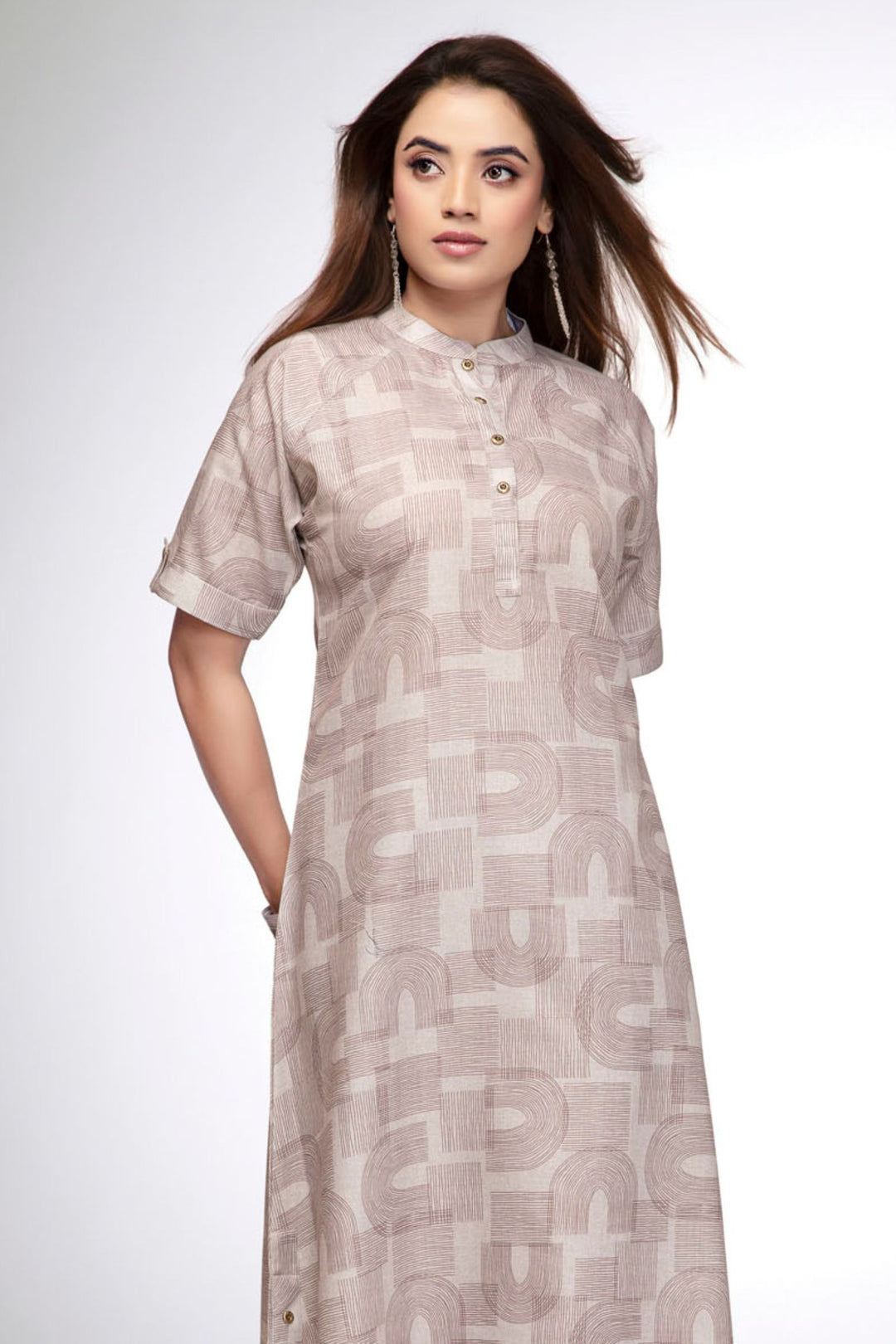 Stone Beige Straight Fit Kurta Set with Modern Printed Pattern