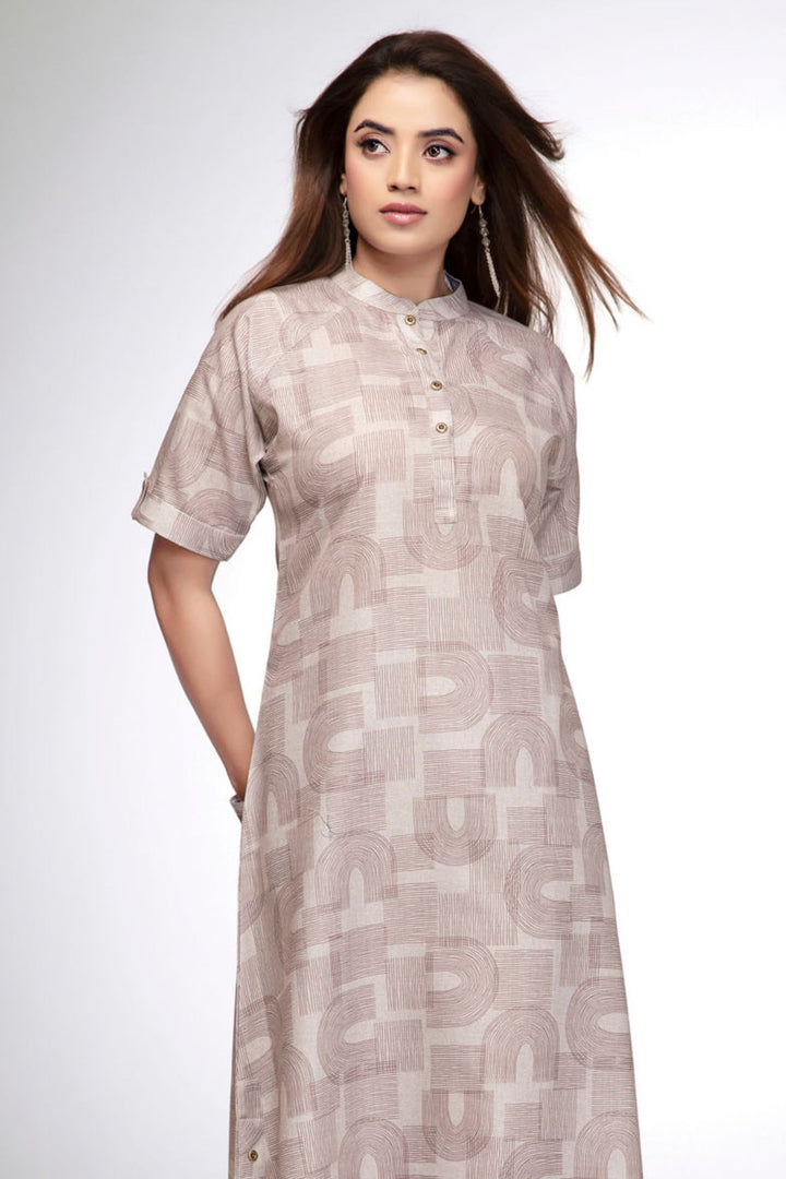Stone Beige Straight Fit Kurta Set with Modern Printed Pattern