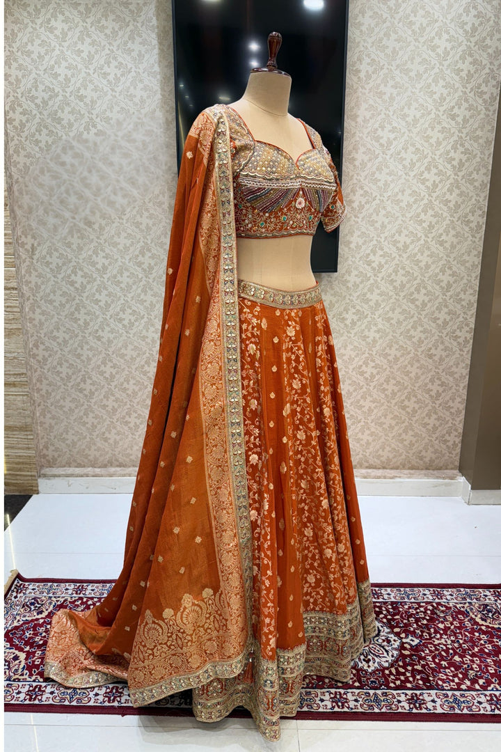 Orange Zari, Sequins, Beads and Multicolor Thread work Crop Top Lehenga