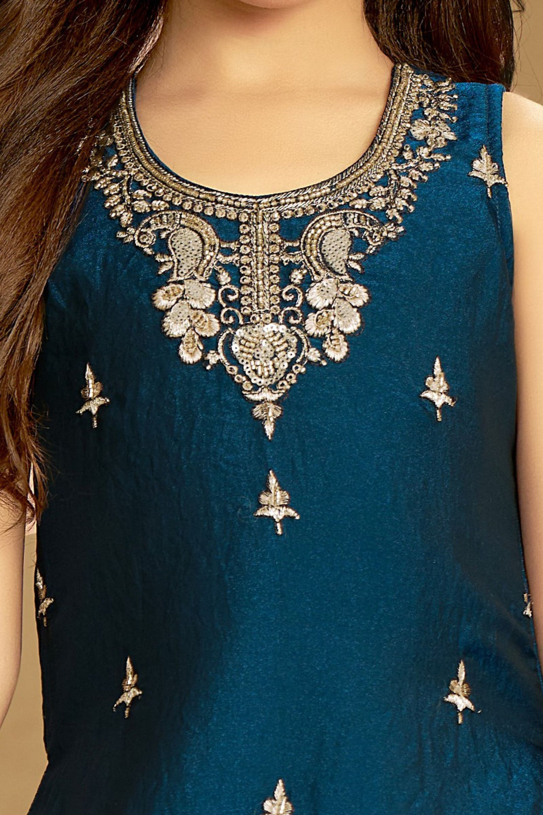 Royal Blue Beads, Zari and Sequins work Palazzo Suit Set for Girls