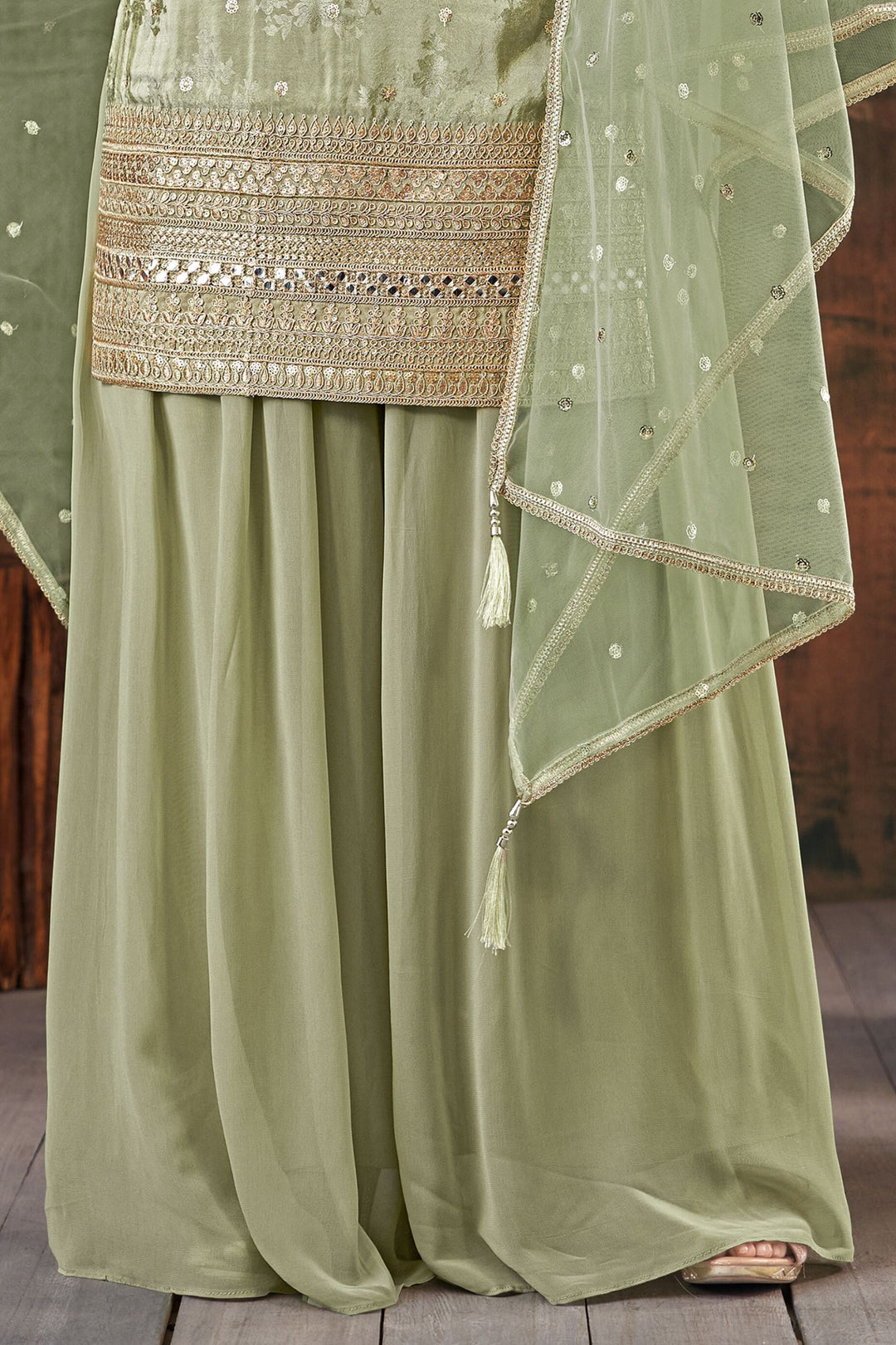 Sea Green Banaras, Sequins, Zari, Mirror, Stone and Beads work Palazzo Salwar Suit