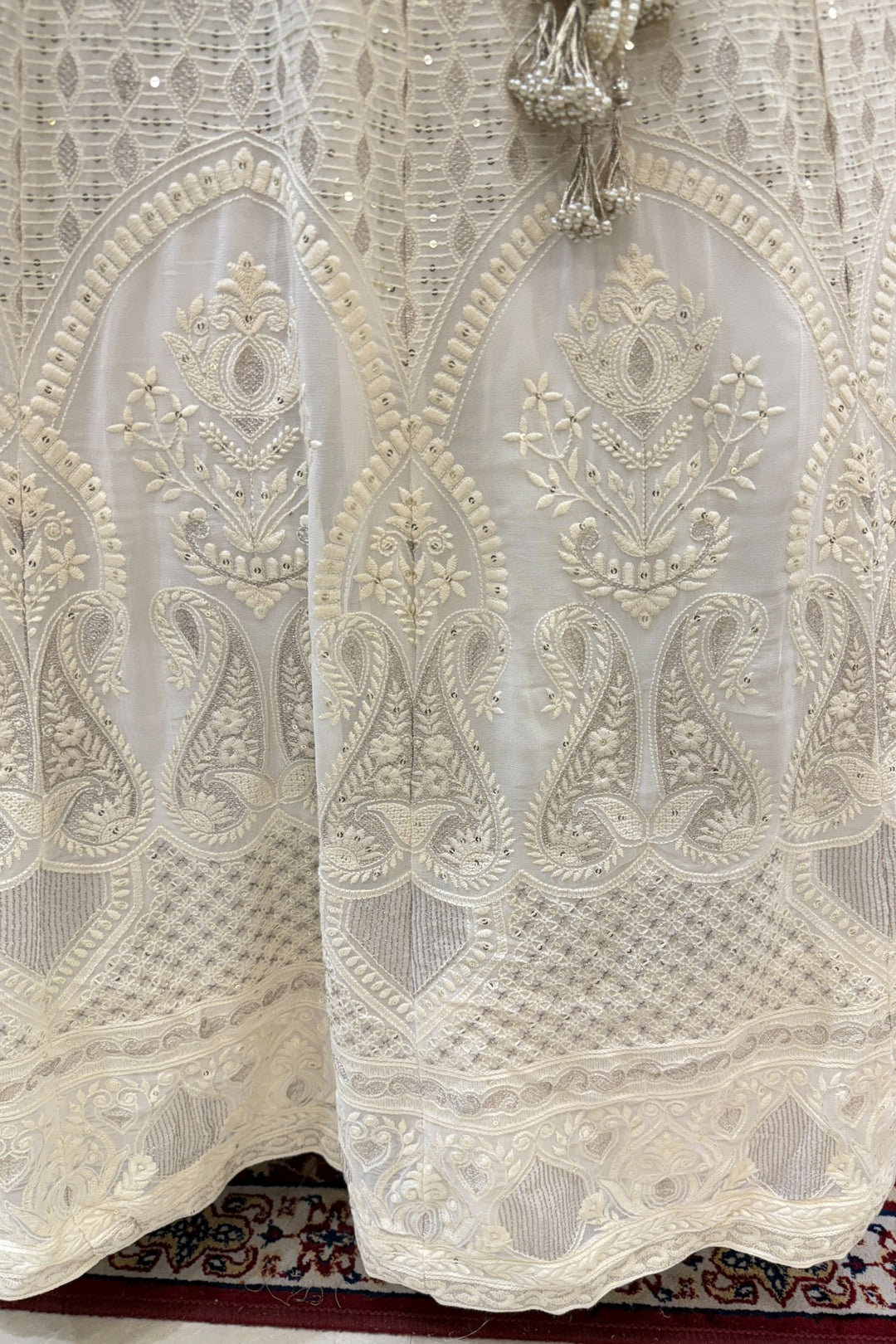 Cream Stone, Pearls, Zari, Sequins, Mirror, Beads and Embroidery work Crop Top Lehenga