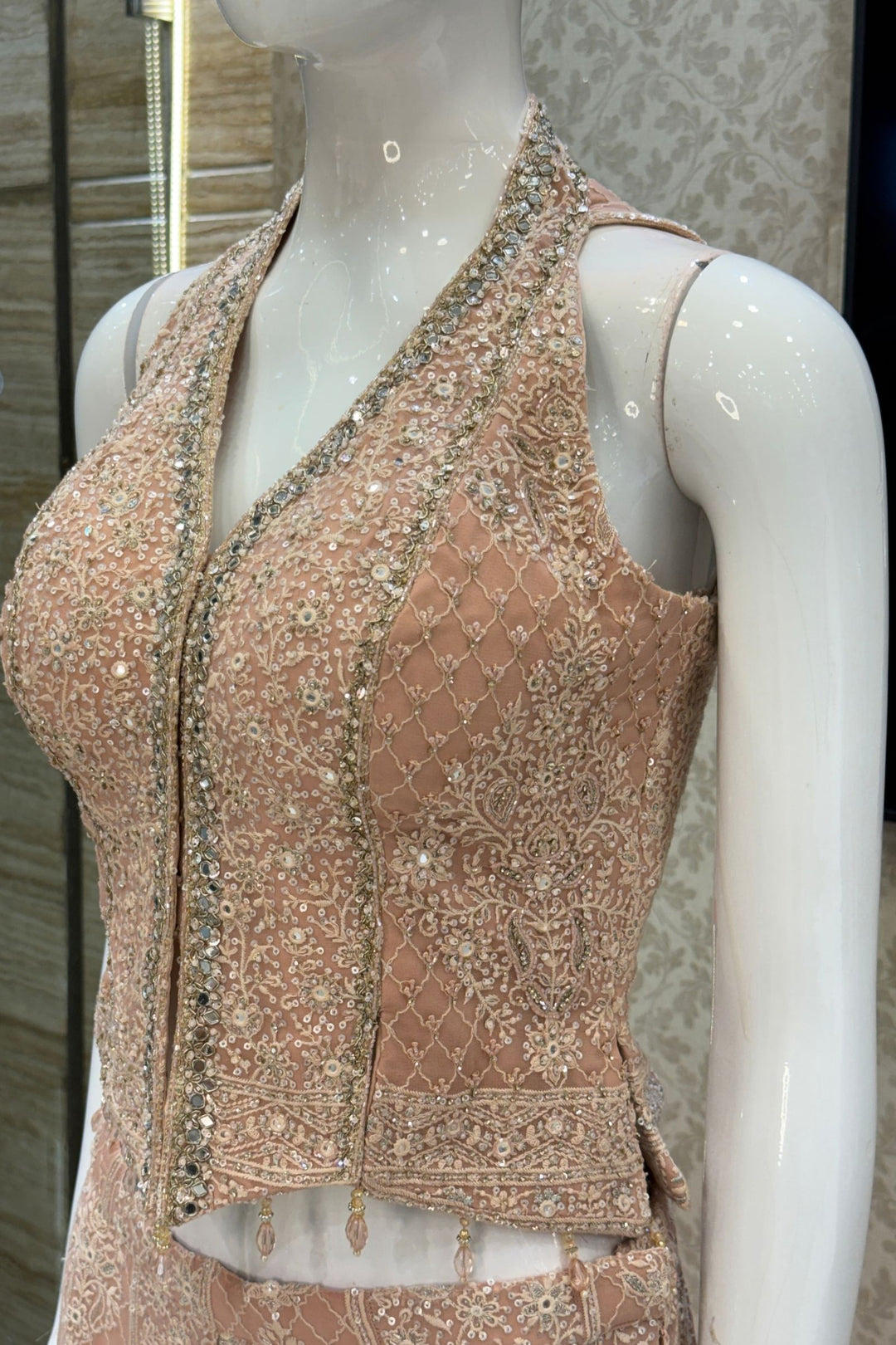 Peach Halter Neck Palazzo Set with Chikankari, Beads, Sequins, Mirror and Stone Detailing