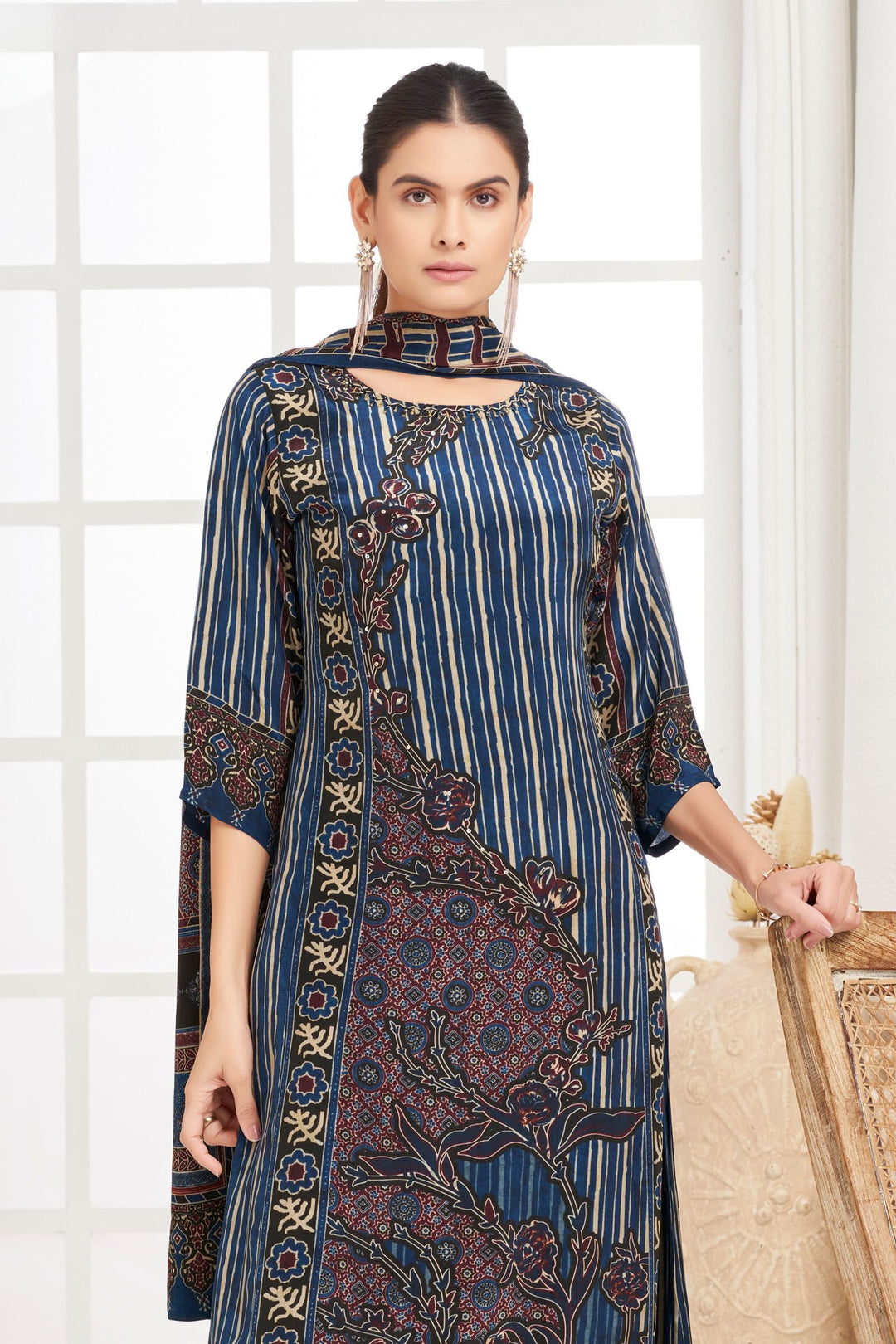 Blue with Ajrakh Print Straight Cut Salwar Suit