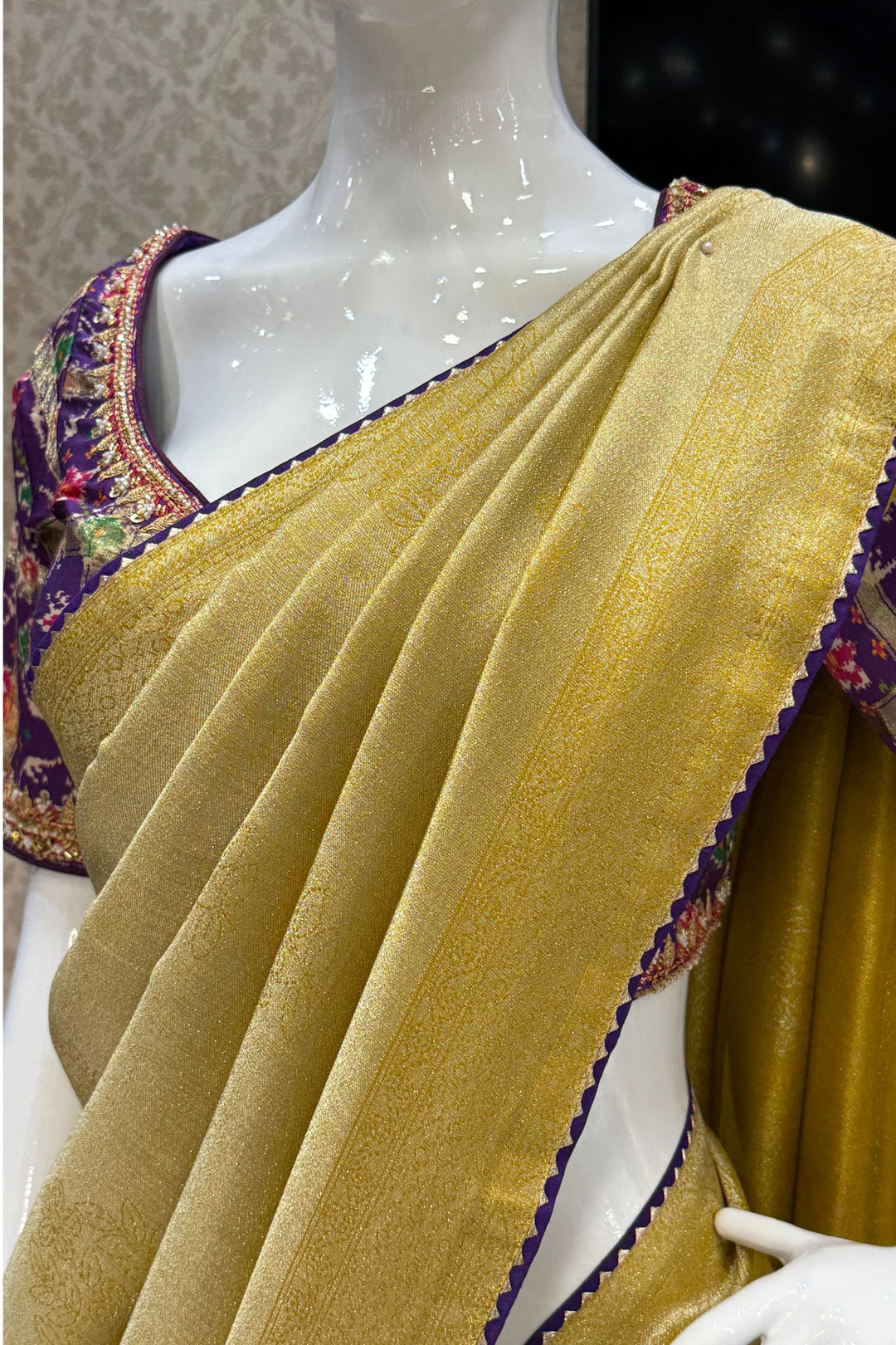 Mustard Saree with Purple Beads, Zari and Sequins work with Pochampally Print Blouse