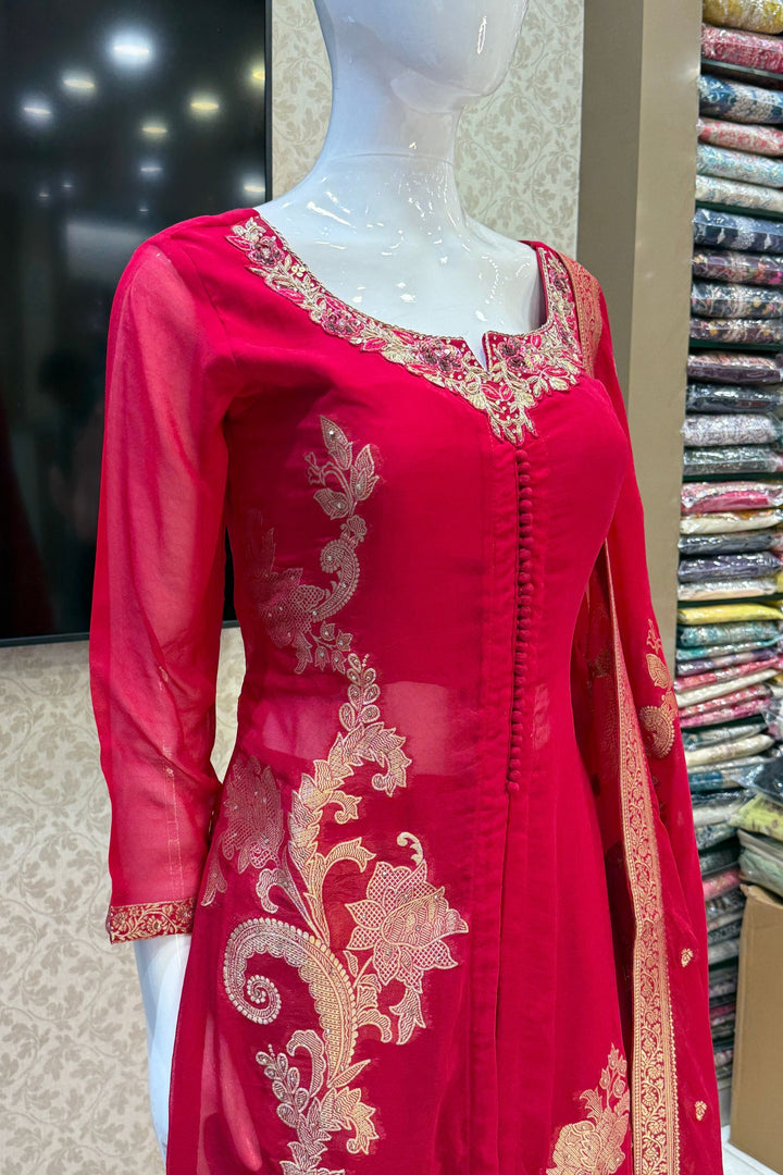 Rani Pink Banaras, Stone, Zardozi, SEquins, Beads and Zari work Straight Cut Salwar Suit