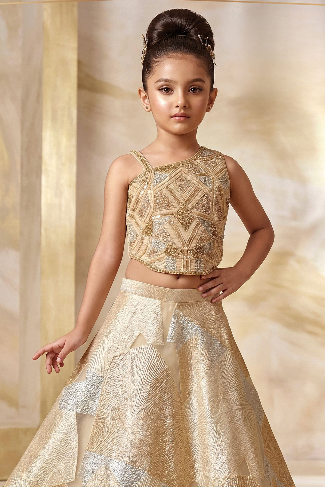 Gold Girls Lehenga Choli with Sequins, Beads and Zari work