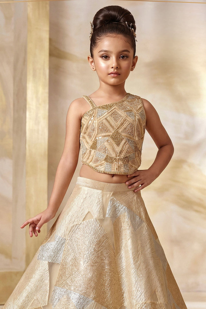 Gold Girls Lehenga Choli with Sequins, Beads and Zari work