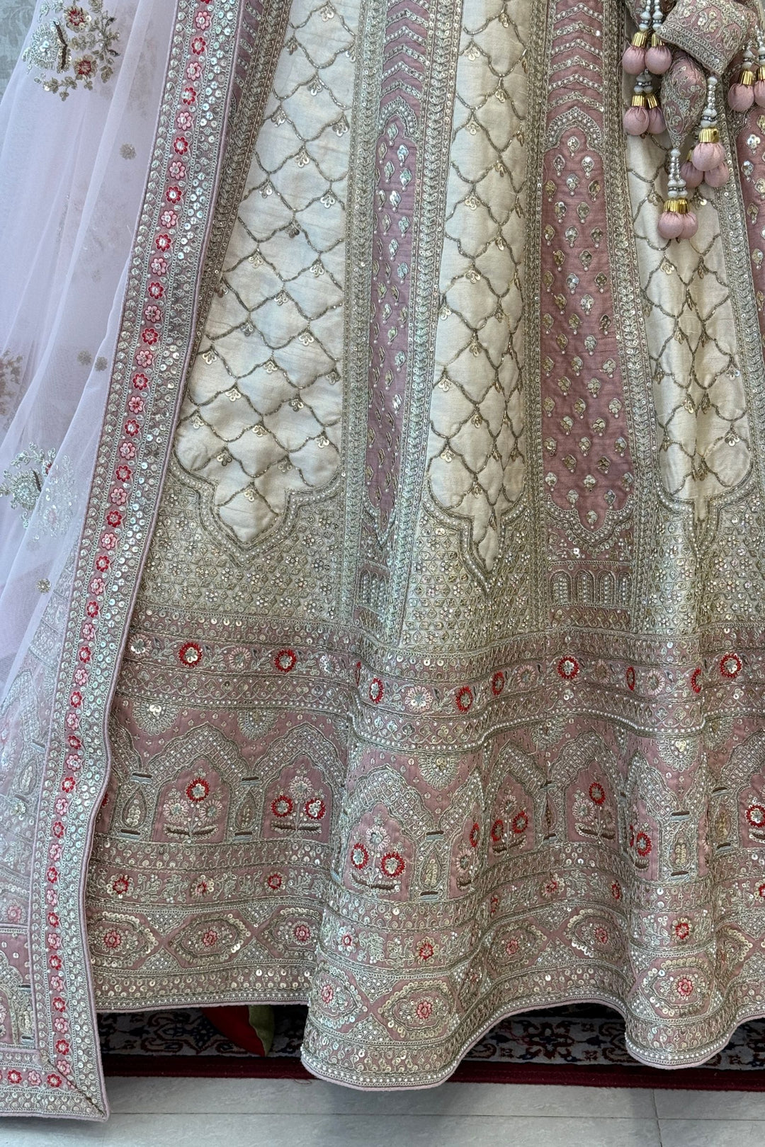 Cream and Blush Pink Bridal Lehenga with Intricate Sequins, Zari, Pearl, Beads and Stone