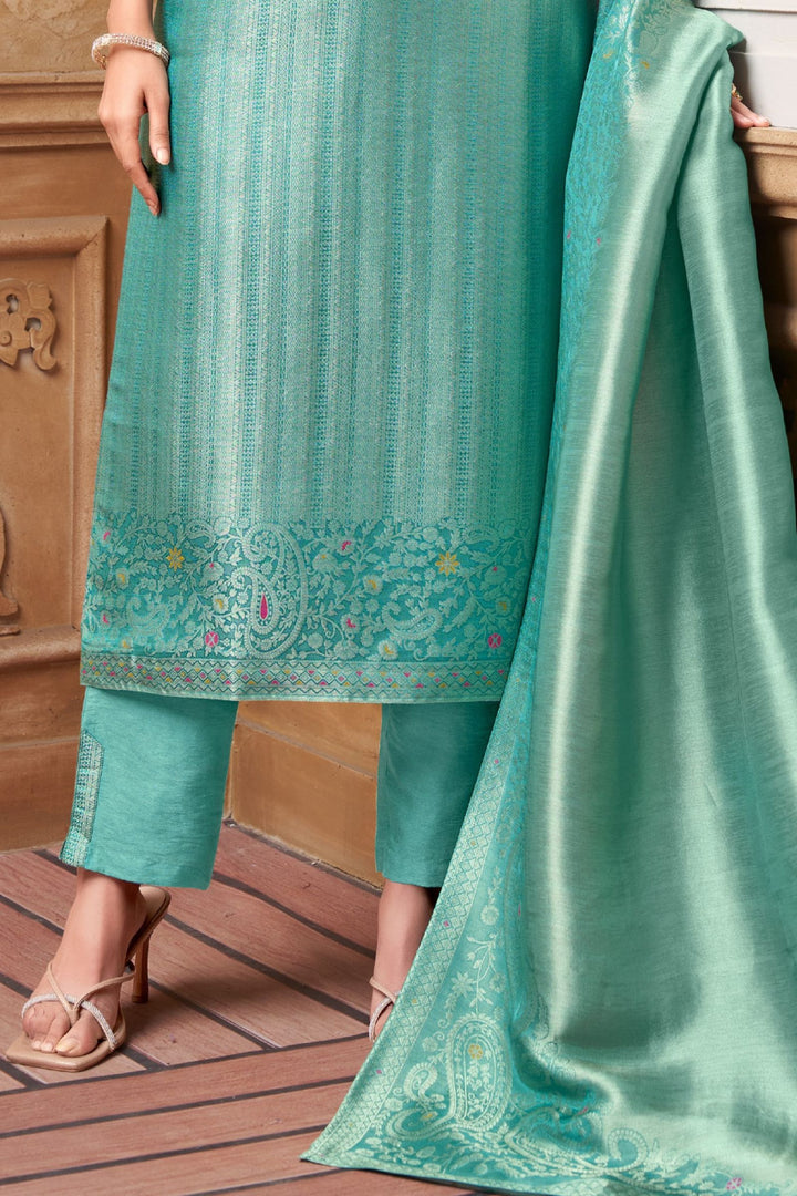 Rama Blue Brocade, Beads, Kundan and Stone work Straight Cut Salwar Suit