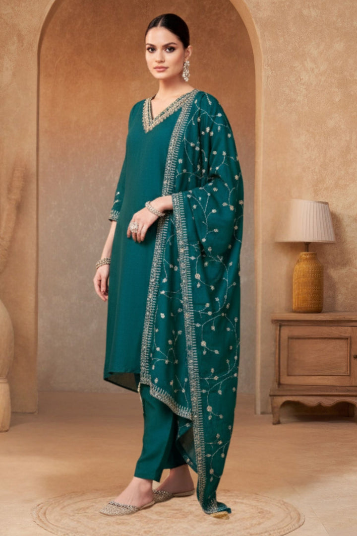 Teal Blue Beads, Pearl, Zardozi, Stone, Zari and Sequins work Aline Cut Salwar Suit