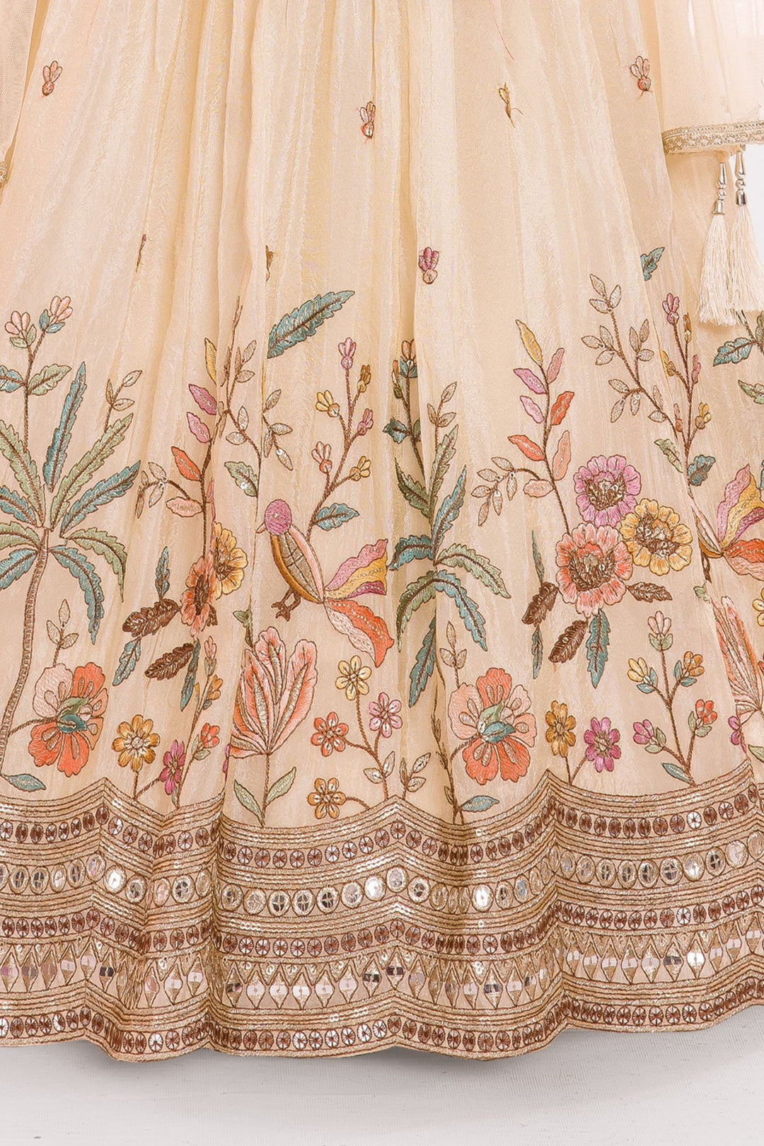 Cream Multicolor Embroidery, Mirror, Stone, Sequins and Zari work Lehenga Choli for Girls