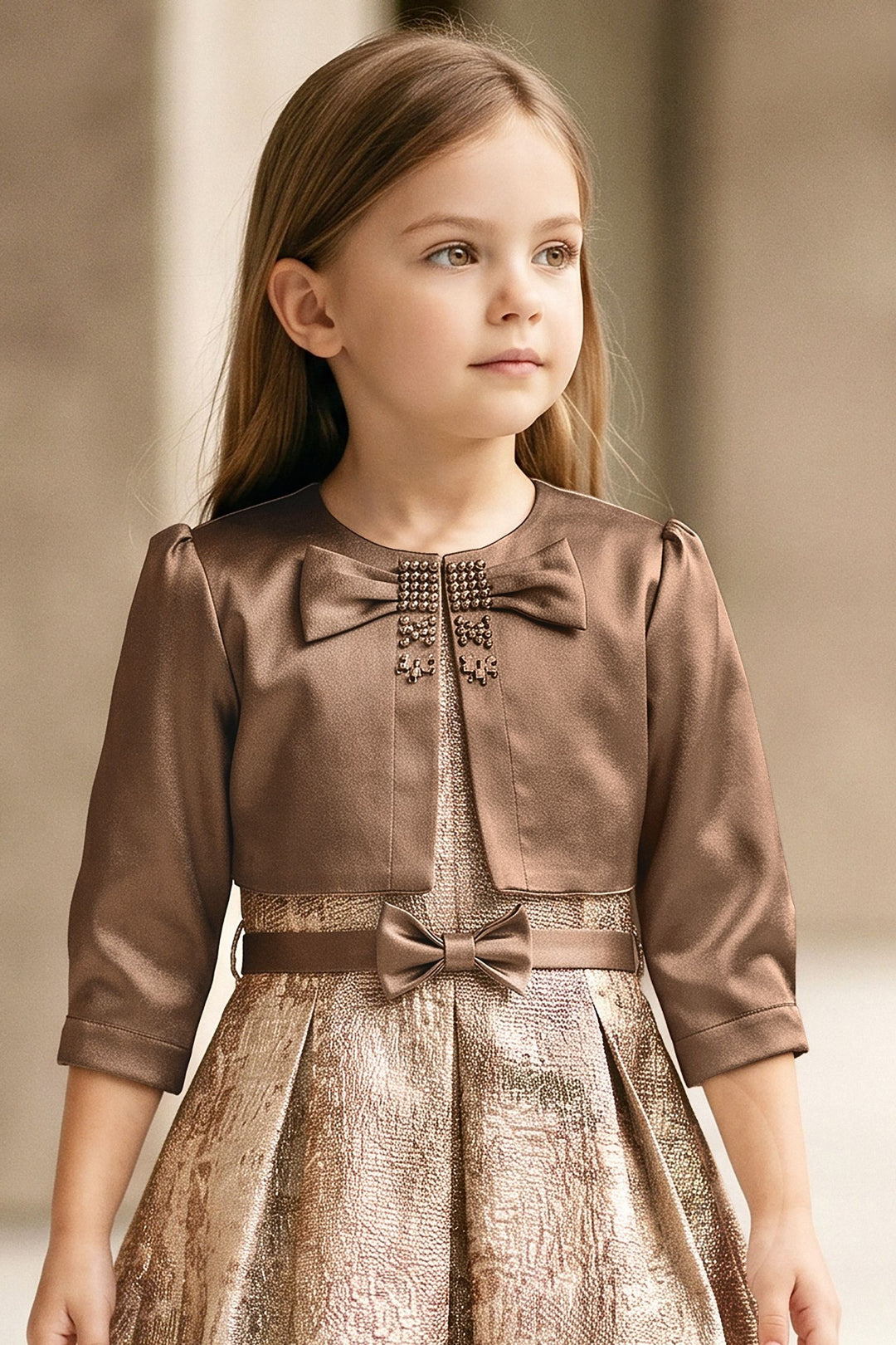 Brown Jacket Styled Short Frock For Girls