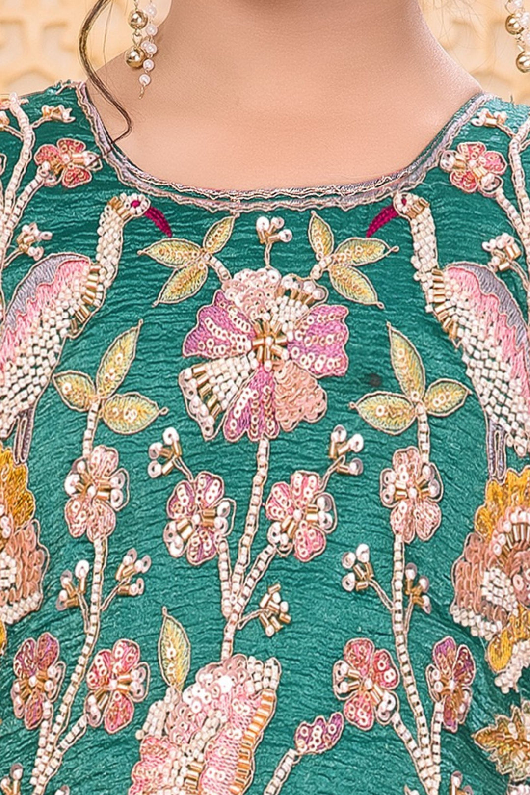 Sea Green Beads, Zari and Multicolor Thread work Palazzo Suit Set for Girls