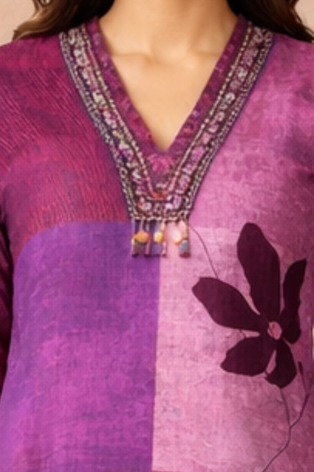 Purple Mirror and Thread work V-Neck Salwar Suit