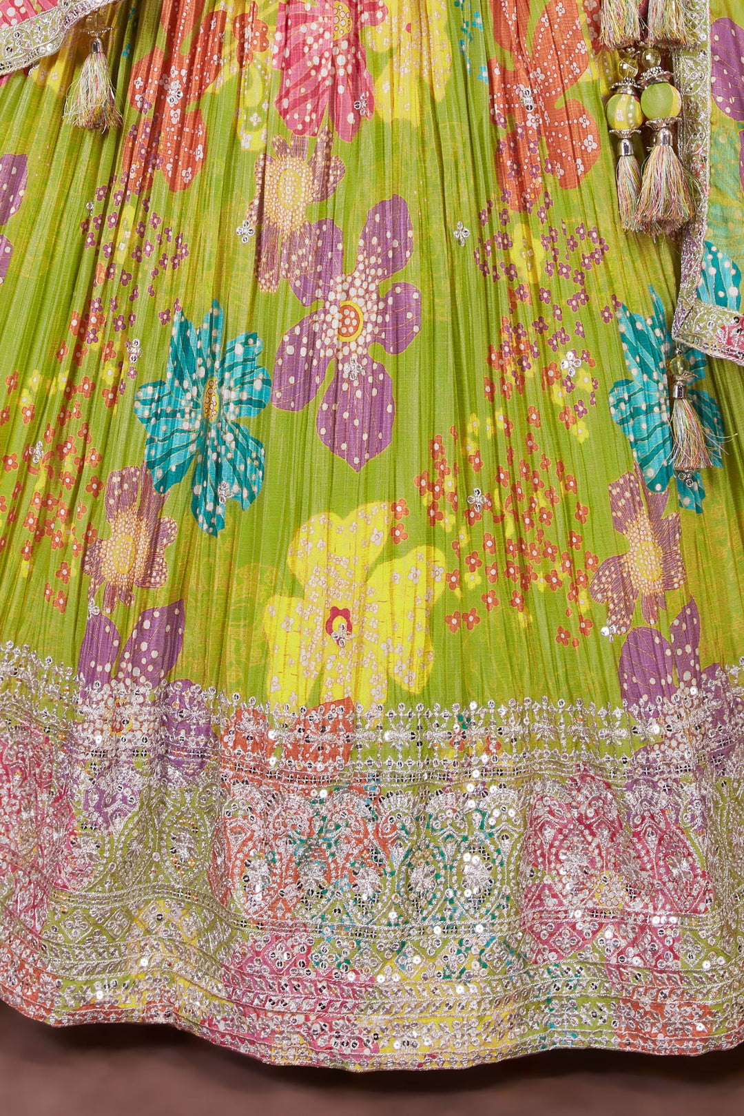 Liril Green Sequins and Zari work with Floral Print Crop Top Lehenga