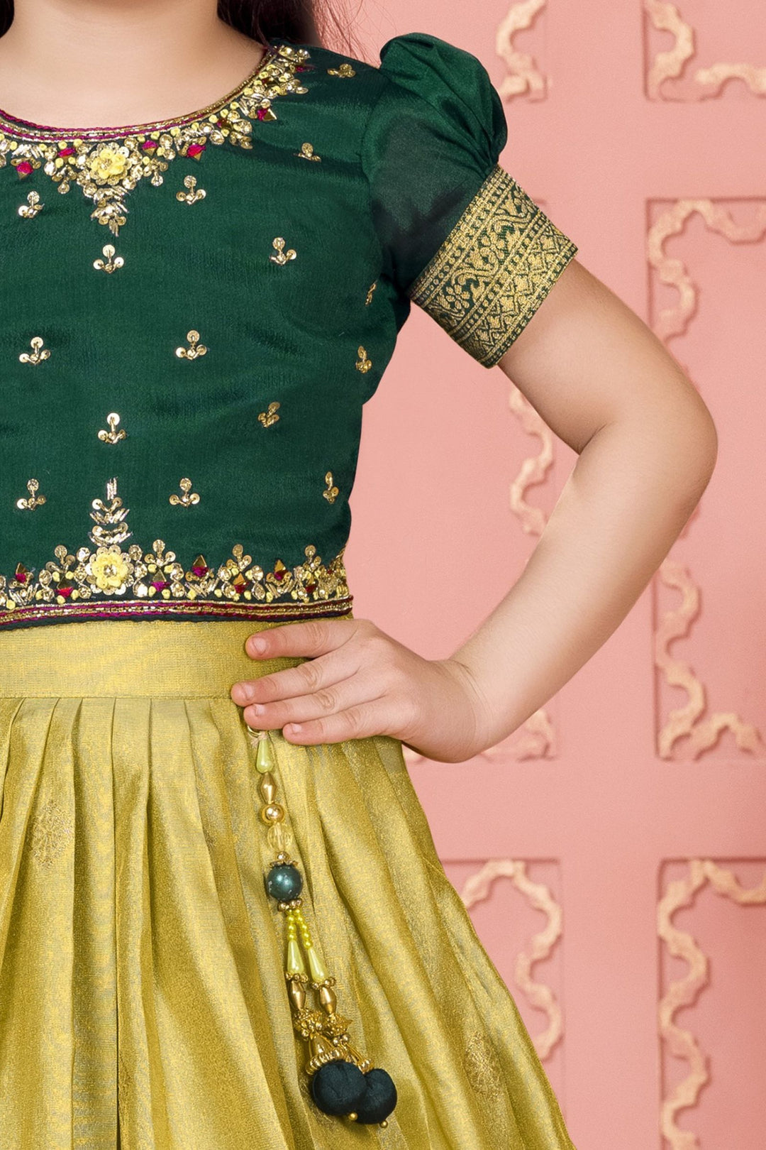 Bottle Green with Pista Green Sequins and Banaras Zari work Lehenga Choli for Girls