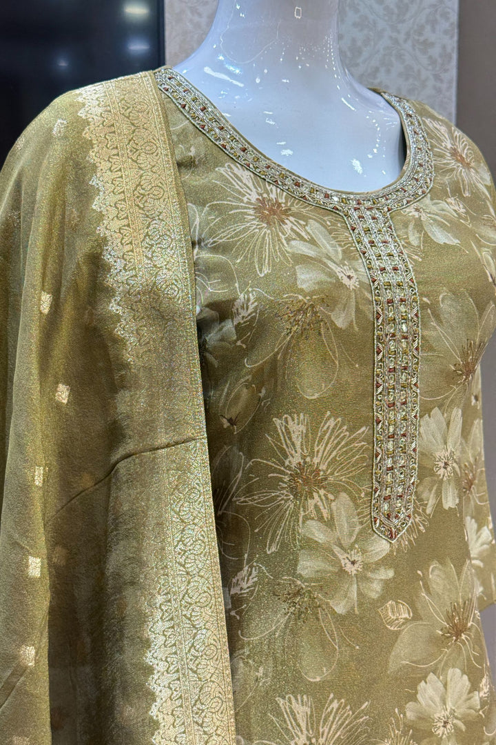 Olive Green Mirror, Zardozi and Banaras work with Floral Print Straight Cut Salwar Suit