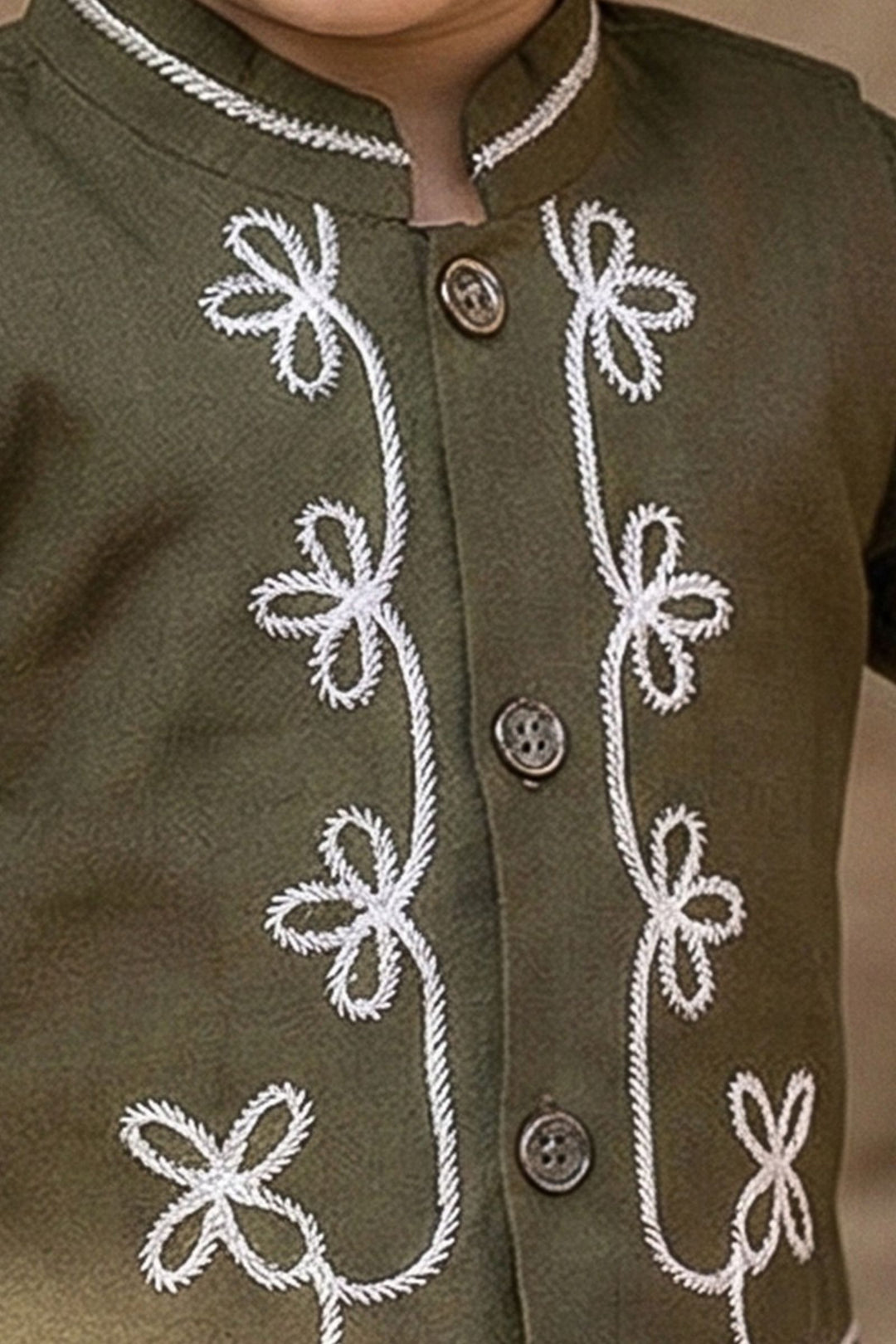 Olive Green Thread work Waist Coat Kurta Set for Boys