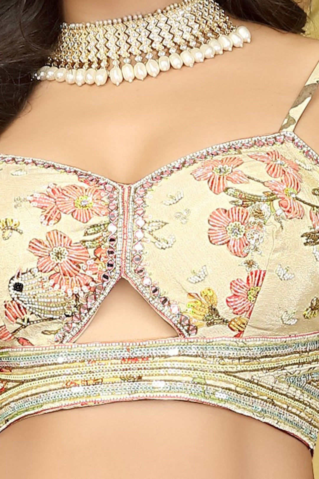 Pale Green Mirror, Sequins, Beads and Zardozi work with Floral Print Crop Top Lehenga