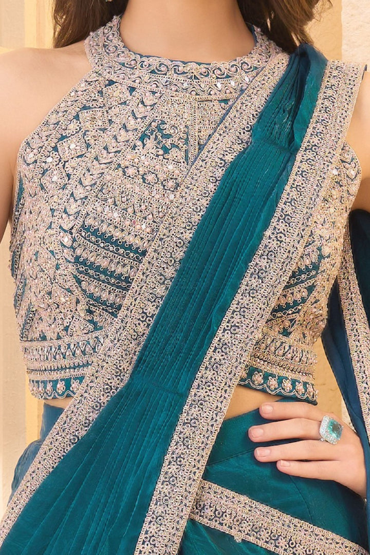 Rama Blue Readymade Saree with Pearl, Zari, Mirror and Stone work Readymade Blouse