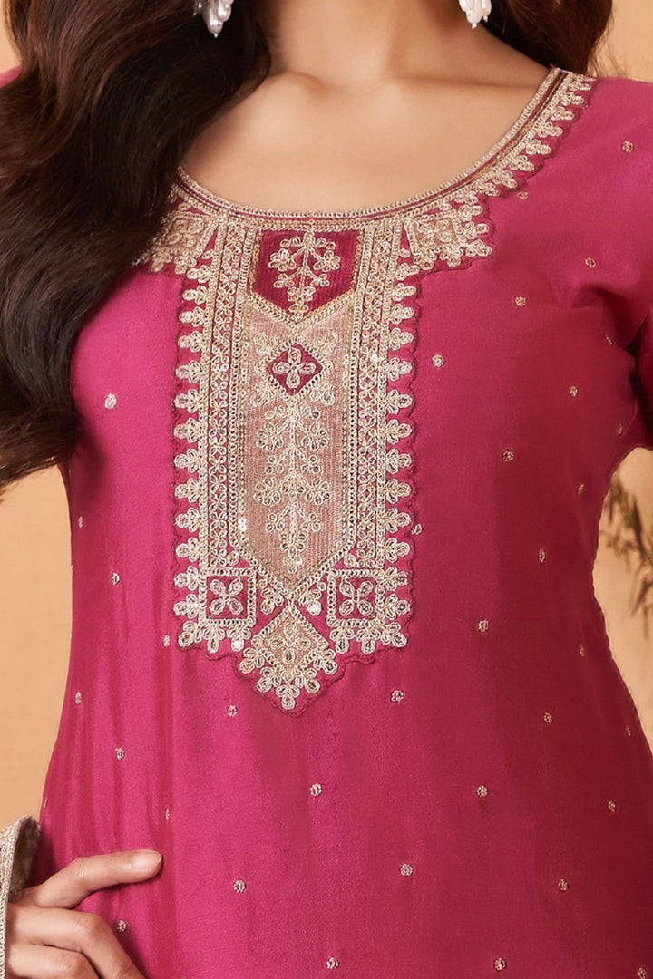 Magenta Sequins, Zari and Thread work Straight Cut Salwar Suit