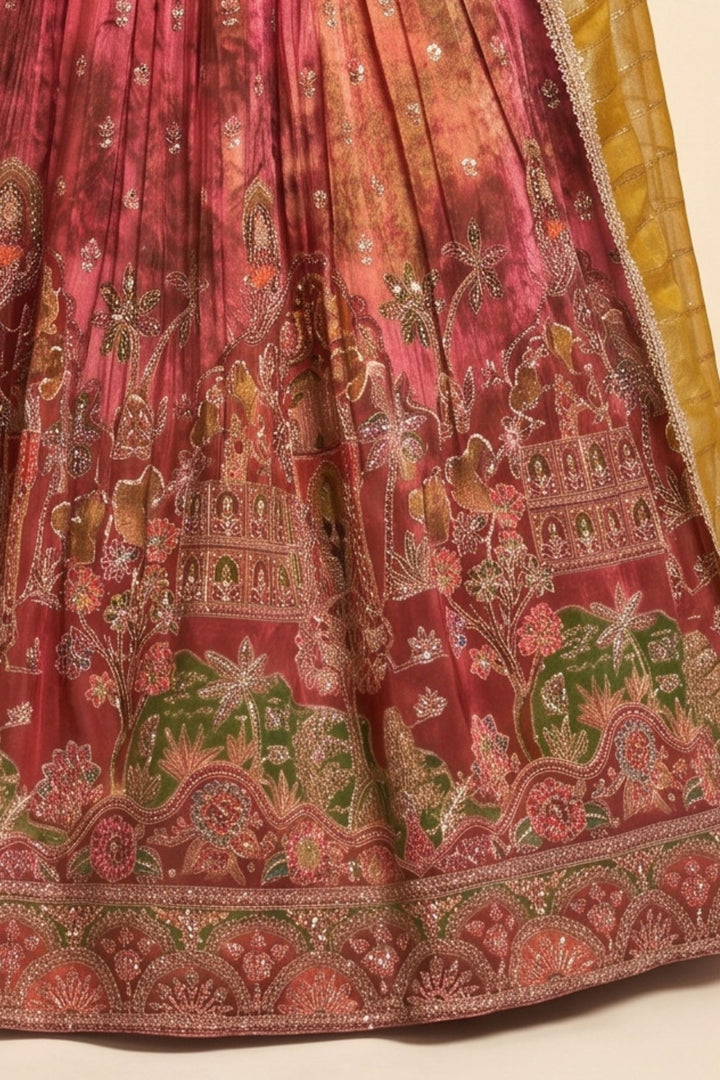 Maroon and Rose Designer Halter Neck Lehenga Set with Mustard Dupatta