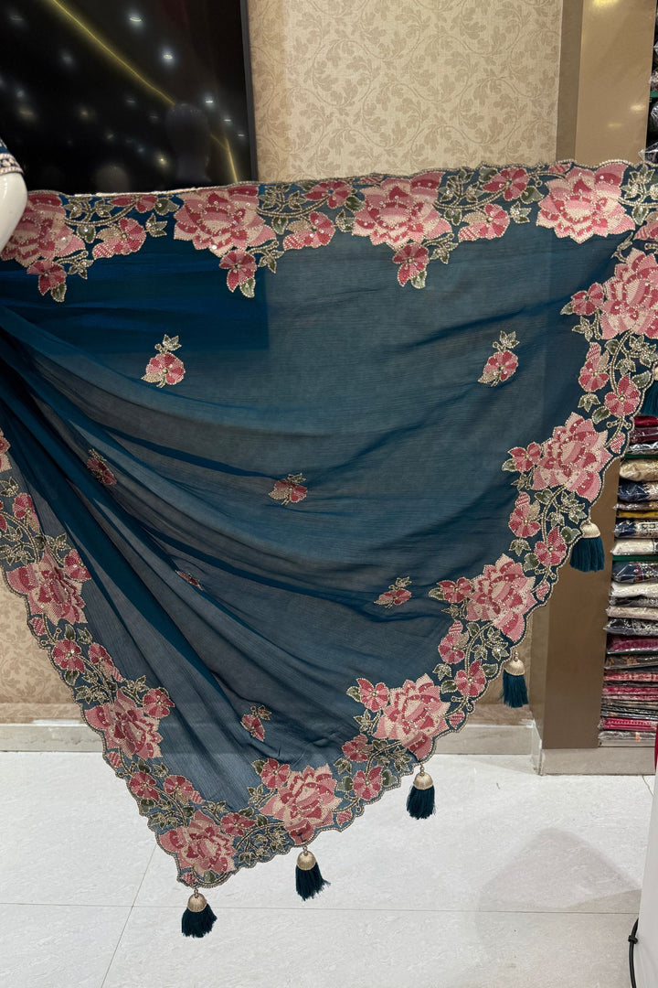 Peacock Green Embroidery, Sequins, Pearl and Zari work Saree