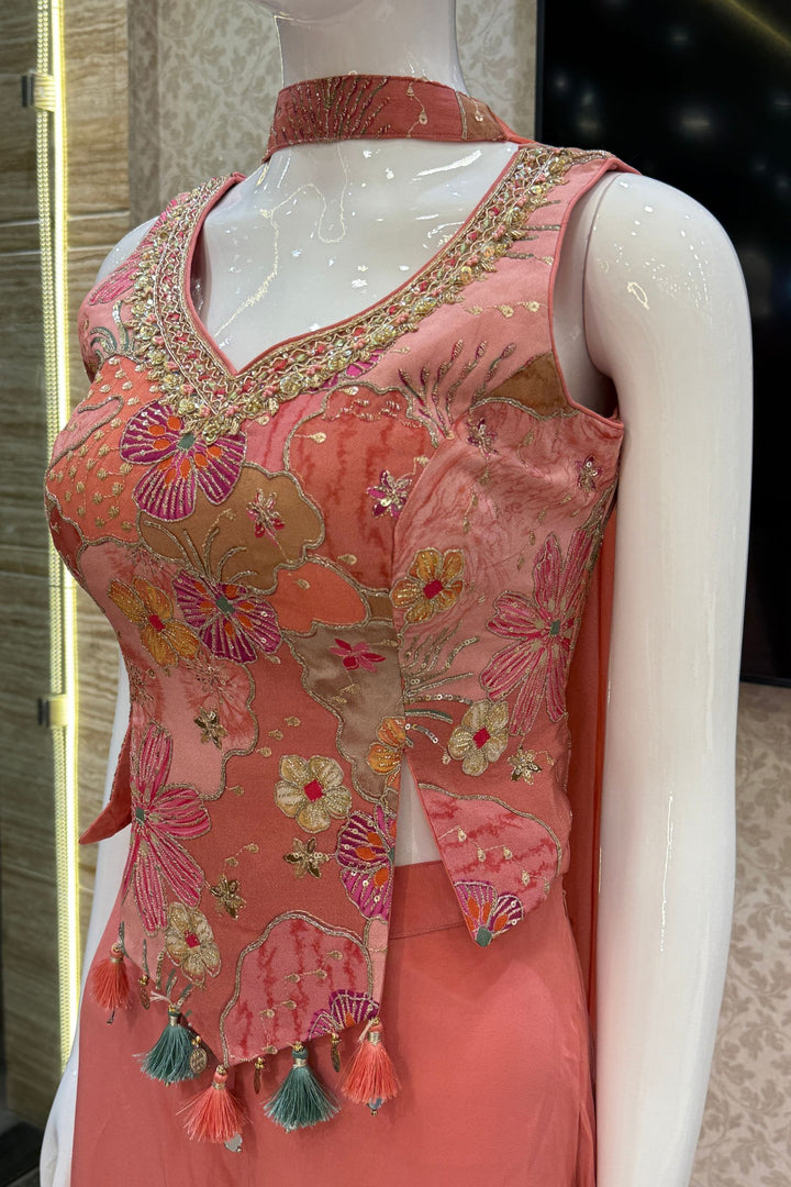 Peach Sequins, Zari, Zardozi and Stone work with Multicolor Digital Print Palazzo Suit Set